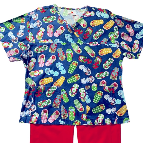 Holiday Flip Flop Uniform Scrub Top by Peaches - Picture 1 of 4